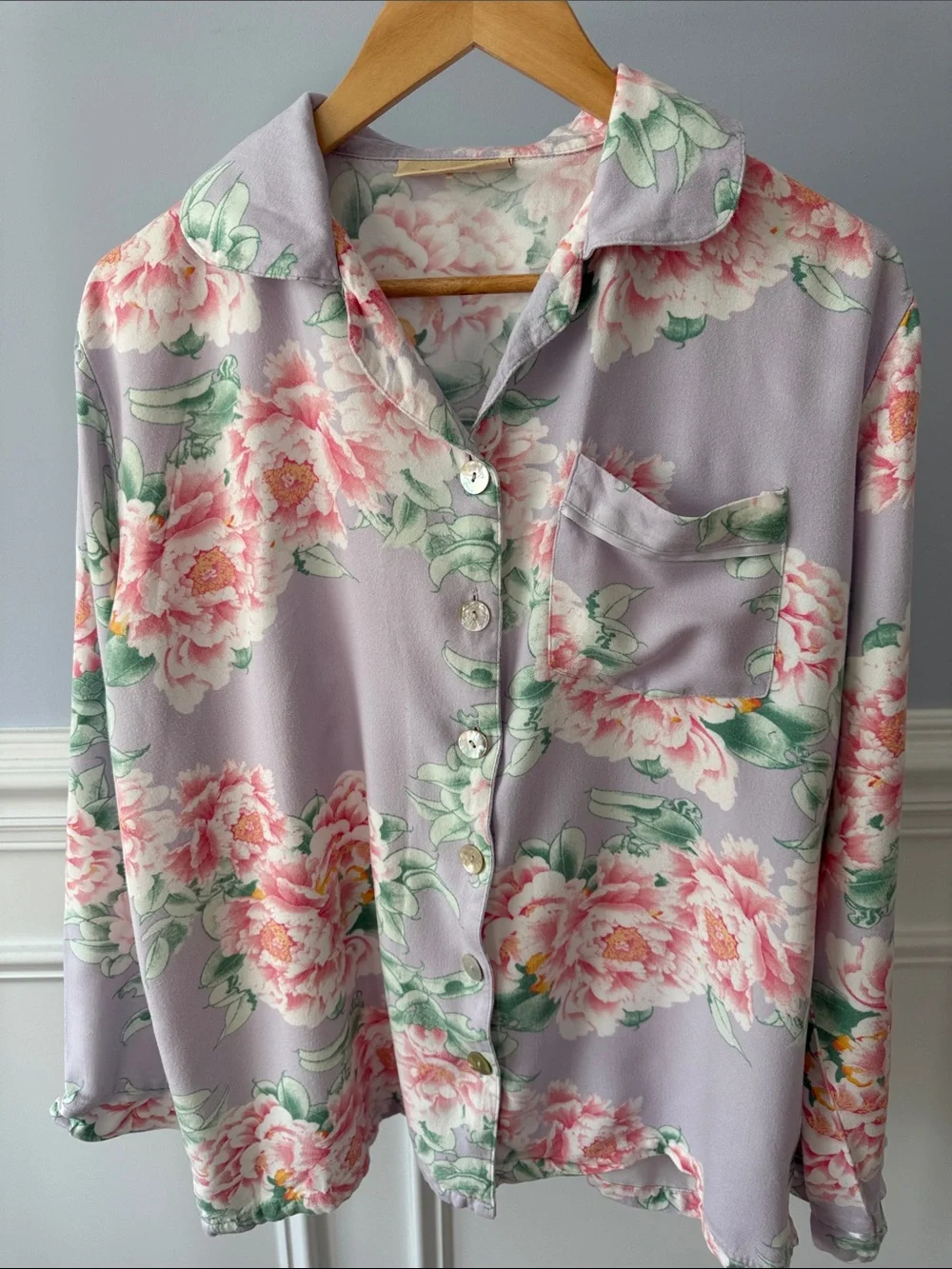 Papinelle Ava Lavender Floral Peony Button Front Long Sleeve Pajama Set L Large